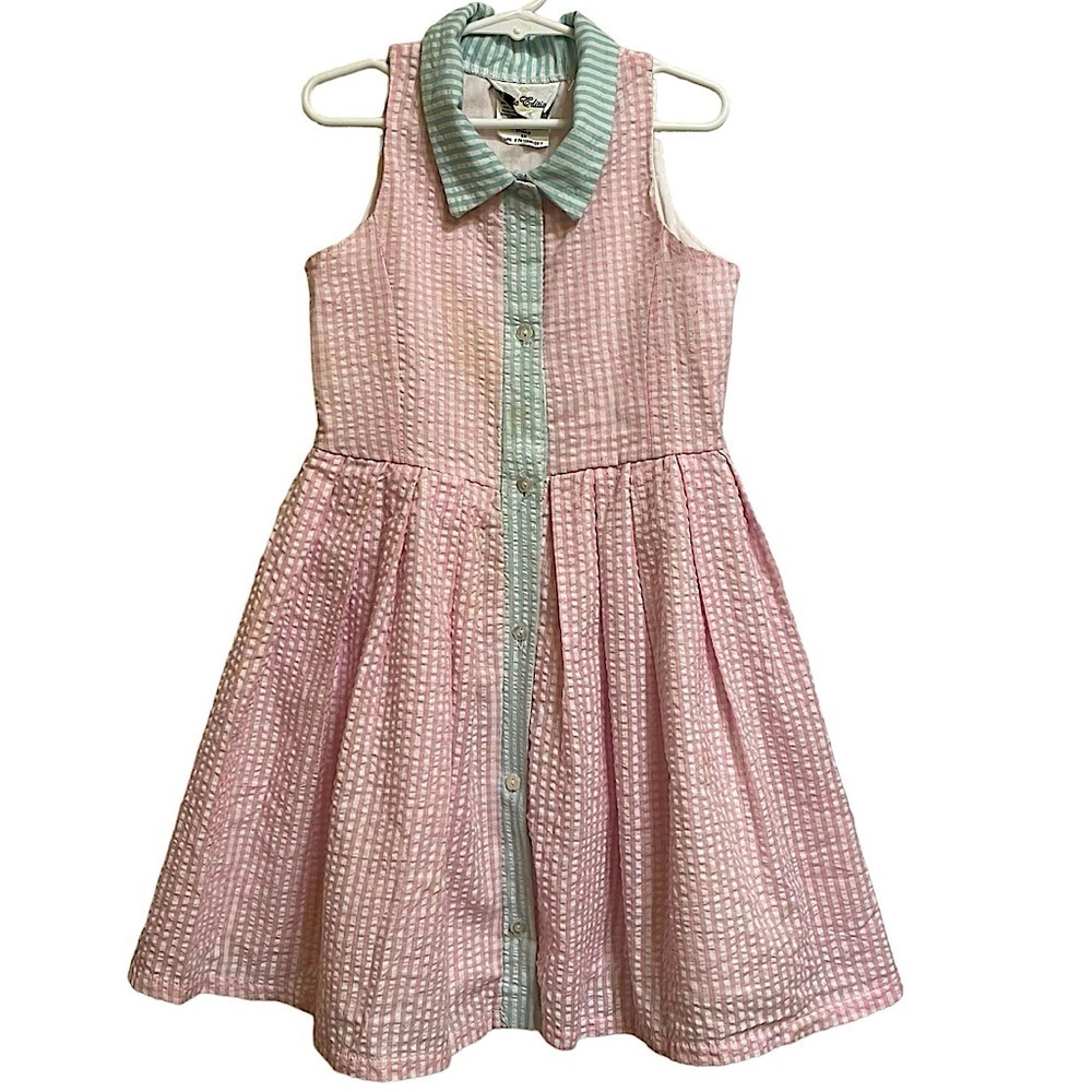 Rare Edition Pink & White Seersucker Stripe Button Front Sleeveless Dress 6X
